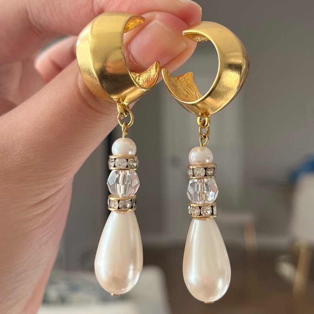 Vintage Givenchy Matte Gold Hoop Crystal Pearl Teardrop Dangle Pierced Earrings